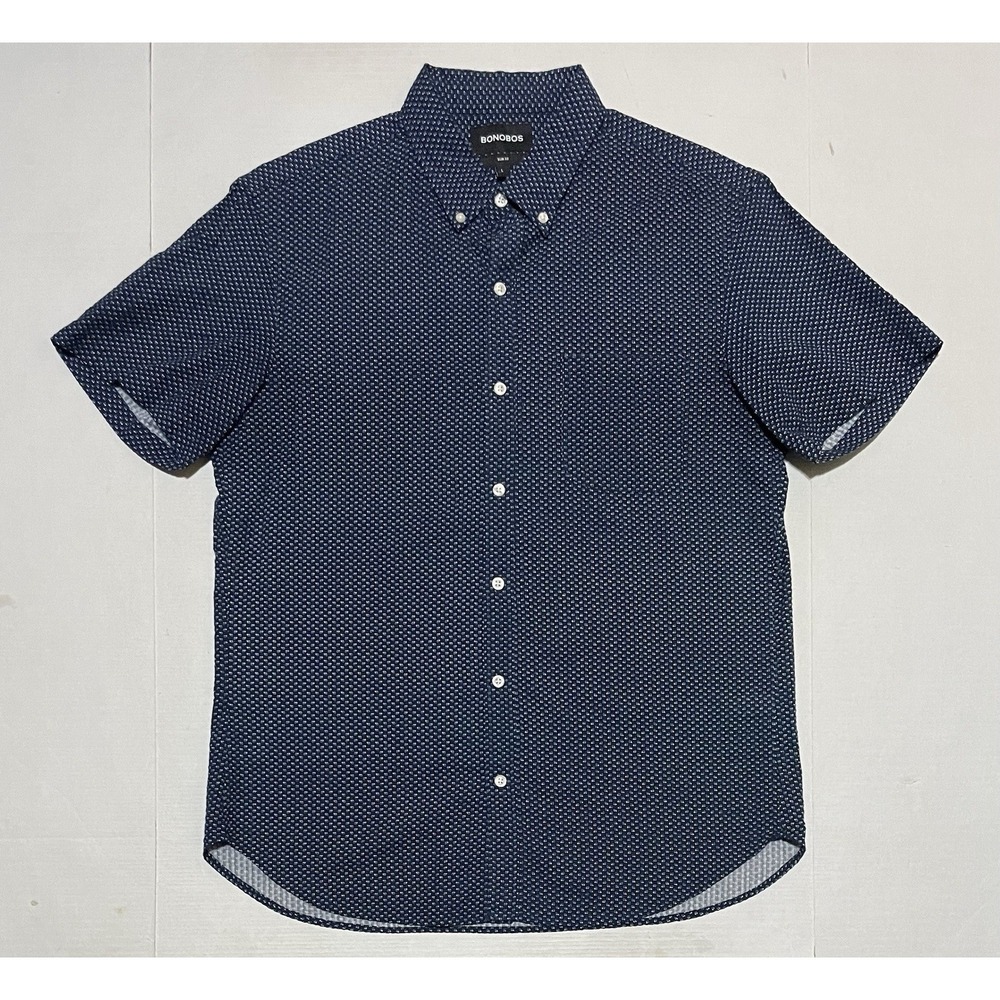 Bonobos Slim Fit Shirt Mens Large Blue Dobby Geometric Print Short Sleeve